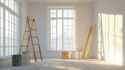 A clean spare room prepared for painting, filled with brushes, paint buckets, and a ladder, highlighting the renovation process for home or office.