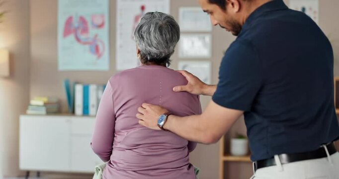 Physio, back pain and elderly patient in clinic, consultation exam and medical support for scoliosis. Man, chiropractor and specialist for spinal treatment, assessment and help woman with arthritis
