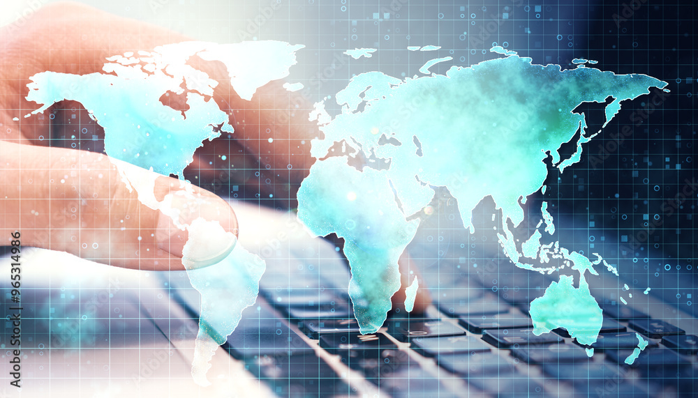 Poster close up of businessman hands using laptop keyboard with map hologram on blurry background. travel a