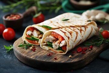 Savory chicken wraps on wooden board with fresh ingredients