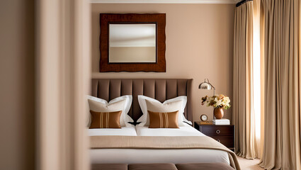 A beautifully arranged master bedroom with a large bed and an eye-catching mirror, perfect for relaxation and style