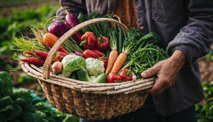 The farmer is holding a wooden box basket with fresh raw vegetables