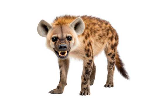 A fierce hyena stands proudly, showcasing its distinctive spotted fur and menacing expression, perfect for wildlife themes.