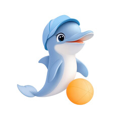Naklejka premium A playful dolphin character wearing a blue cap, happily posing with an orange beach ball, perfect for kids' themes.