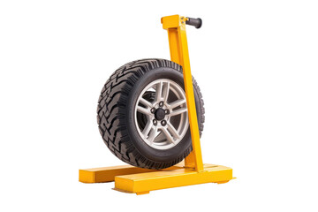 A professional tire rack showcasing a robust tire mounted on a sturdy yellow stand, ideal for automotive workshops.