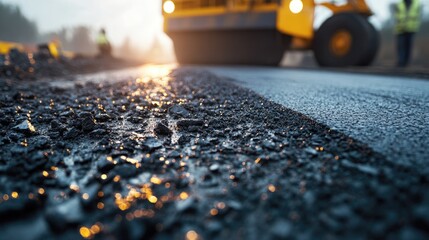 A detailed view of asphalt prepared for use on a road repair site, with construction machinery and workers visible in the distance, highlighting the preparation phase.