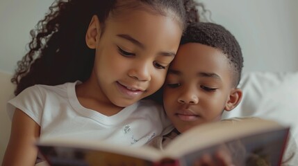 A sister and her younger brother are exploring a world of imagination through a book.