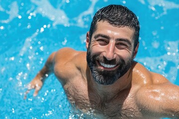 Joyful man swimming in sparkling blue pool on sunny day