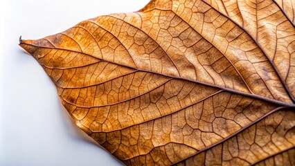 Obraz premium Dry brown leaf texture closeup on isolated white background, decay, selective focus, brown, nature, medium shot., isolated, dry, texture, environment, outdoors, fall, close, closeup