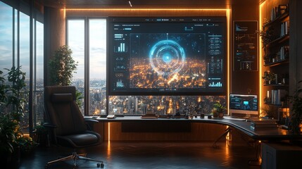 A modern smart home office featuring holographic time management technology during sunset