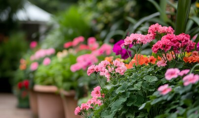 Colorful geraniums and pelargoniums in a lush garden filled with vibrant flowers