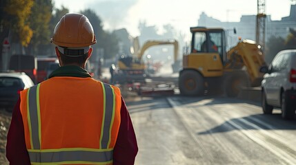A road worker seen from behind, directing traffic around a road repair site, with heavy machinery and construction workers visible ahead,
