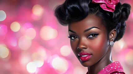 Fototapeta premium A young woman displays a glamorous vintage hairstyle adorned with a pink bow