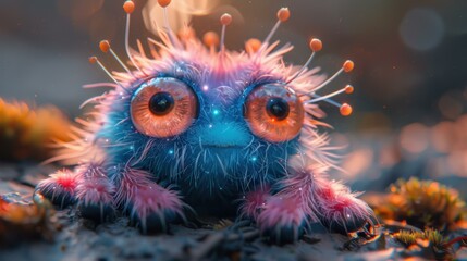 A fluffy creature with large eyes and glowing fur. AI.
