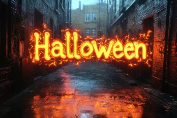 Glowing orange Halloween text with electric sparks in a wet, dark alleyway on a rainy night