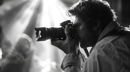 Photographer in Action Person with Camera Black and White

