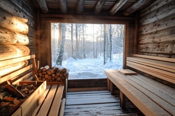 Obraz premium Wooden Sauna with Snowy Forest View