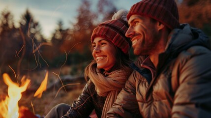 Fototapeta premium Young friends are sharing joyful moments by the campfire, their faces illuminated by the warm glow of the fire.