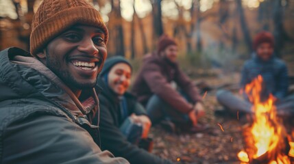 Obraz premium A group of young friends is happily gathered around a campfire, enjoying the crisp autumn air and each other's company.