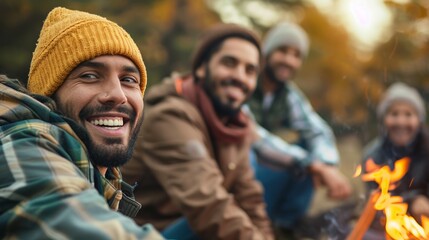Fototapeta premium Friends enjoy each other's company around a campfire, with autumn leaves and the firelight enhancing the cozy scene.