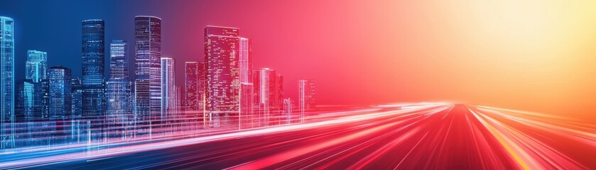 Futuristic city skyline with vibrant lights and motion blur, showcasing technology and progress in an urban environment.