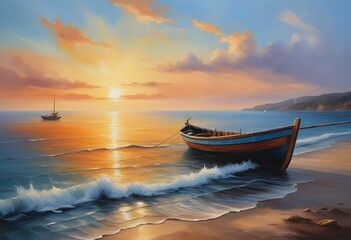 Fototapeta premium Sky sunset and boat on the water. Modern impressionism.Original oil painting on canvas. 