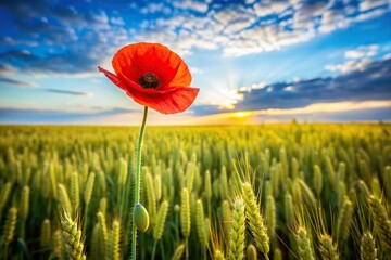 symmetrical, landscape, vibrant colors, flower, beauty, scenic, petals, nature, vibrant, Nice poppy flower standing tall in a sprawling cereal field during the vibrant springtime