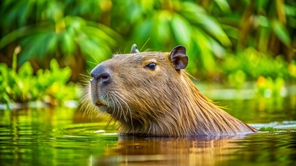 A large semi-aquatic rodent, the capybara, swims in murky brown water, its whiskers and ears visible above the