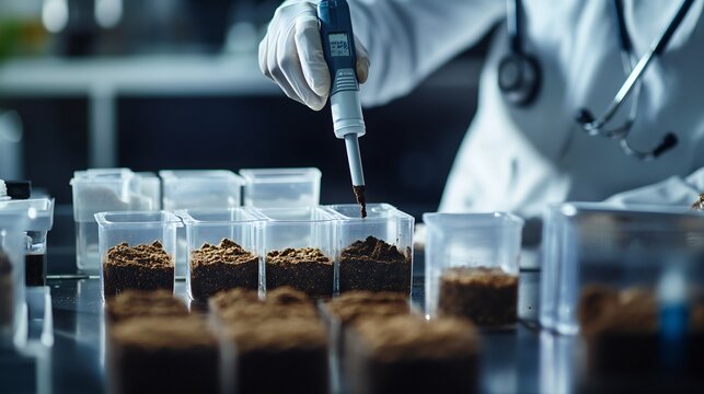 A technician in a lab setting tests soil pH level using a pH meter, with various soil samples prepared for testing