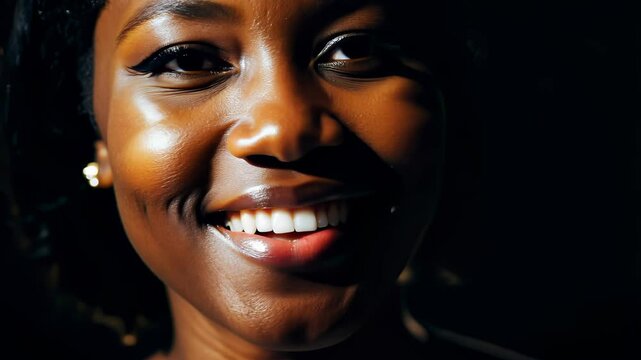 Smiling African woman illuminated by dramatic spotlight in a dark studio setting, highlighting her high cheekbones and elegant expression