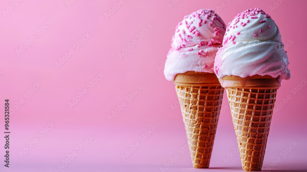 Wall mural sweet delight: two ice cream cones with pink and white scoops on pastel background - perfect summer 