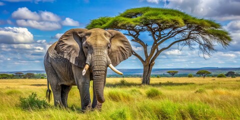 Fototapeta premium A majestic African elephant, with wrinkled gray skin and tusks, stands in a lush savannah, surrounded by acacia