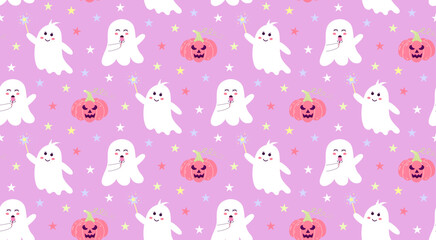Cute ghosts with stars and pumpkin seamless pattern. Halloween baby characters. Magic scary spirits pastel print. Vector cartoon illustration.