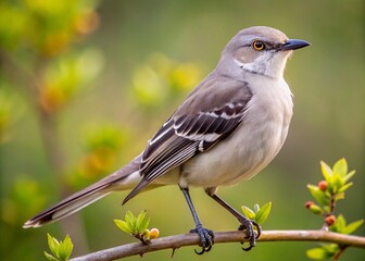 A majestic northern mockingbird with gray and white feathers perches on a branch, gazing intently with bright,
