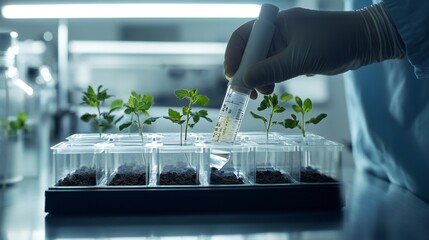 A technician in a lab setting tests soil pH level using a glass electrode pH meter, with multiple samples. .
