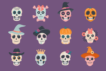 Halloween skull set. Mexican skeletons collection. Day of the dead. Dia muertos dead spooky skulls.