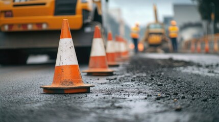 Close-up of safety cones and barriers surrounding an active road repair site, with construction workers and machinery visible