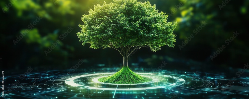 Wall mural Photorealistic image of a tree growing from a circular economy diagram, representing the bio-green economy concept