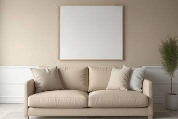 living room blank frame mockup, sofa, lamp, frame. Beautiful simple view on a couch. Living room mock up.