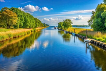 Fototapeta premium A medium shot of the Nord Ostsee Kanal near Kiel in Schleswig Holstein Germany featuring Andrea, bridge, Germany, infrastructure, vessel, travel, engineering, scenic, boat, shipping
