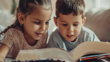 A sister and her younger brother are deeply engaged in reading a book on a sunny afternoon.