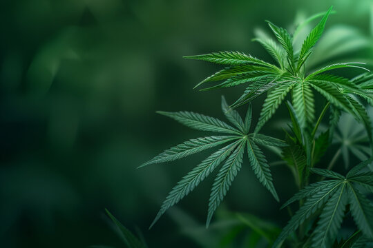 Close-up of cannabis leaves on dark green background, natural health and botanical concept. Natural, organic qualities of cannabis, hemp use in medicinal and wellness practices