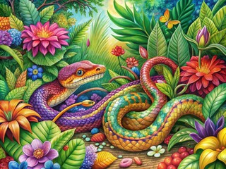 Fototapeta premium A playful serpent slithers through a vibrantly colored jungle scene, surrounded by lush foliage and exotic flowers,