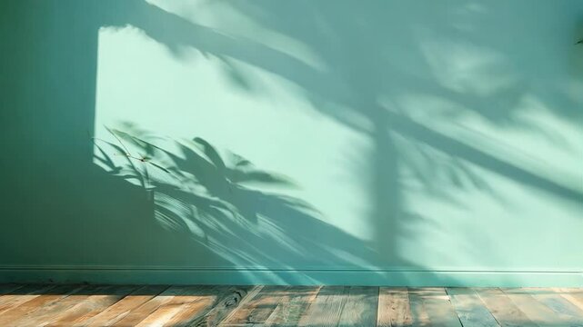 Sunlit Room with Plant Shadows on Teal Wall and Wooden Floor