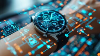 A person using a wearable biosensor to monitor health data in a modern technological environment