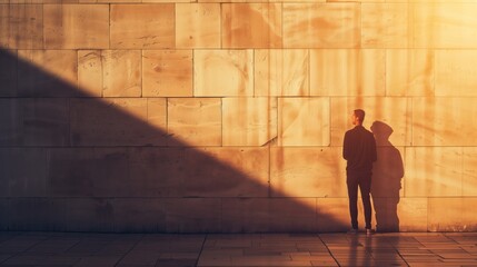 Man Standing Against Sunlit Wall with Shadow, Contemplation and Solitude Concept