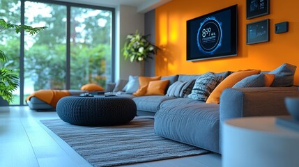 Fototapeta premium Modern living room with smart technology and wearable biosensors integrating health monitoring