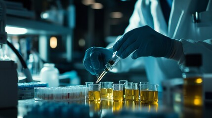 A technician in a laboratory tests soil pH level using a glass electrode, with various pH indicators prepared
