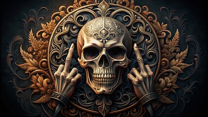 A rebellious illustration of a stylized skull giving the middle finger, surrounded by dark, ornate details and subtle