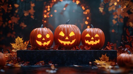 Obraz premium Three playful carved pumpkins on a sleek black platform amidst autumn leaves, set against a dark background, ideal for Halloween promotions and festive designs with copy space.